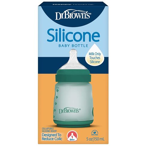Dr. Brown's Silicone Baby Bottle with Collapsible Insert Designed to Reduce Colic, 5 oz with Wide-Neck Level 1 Slow Flow Nipple, 0m+, Green in Kuwait