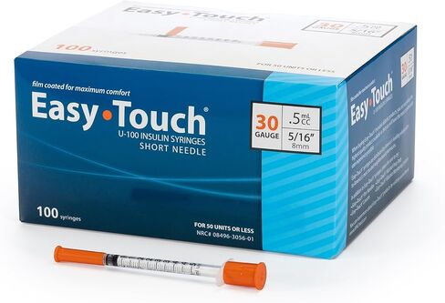 EasyTouch U-100 Insulin Syringe with Needle, 30G 0.5cc 5/16-Inch (8mm), Box of 100 in Saudi Arabia