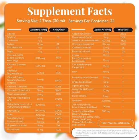 Buried Treasure VM100 Daily Multi Liquid Vitamins and 70 Minerals Plus Antioxidants Supplement Maximum Absorption Great Tasting, Orange Zest Flavor 32 Servings 32 oz. with Dose Cup in Saudi Arabia