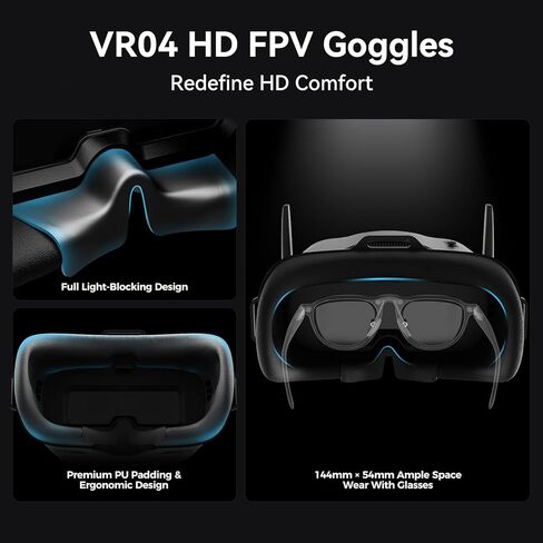 نظارات BETAFPV VR04 HD FPV بدقة 1080 بكسل، شاشة LCD 4.5 بوصة، وظيفة DVR، بطاريات مدمجة 2 * 2600 مللي أمبير في الساعة تصل إلى 3 ساعات، تدعم التسجيل وإعادة التشغيل، متوافقة مع P1 Air Unit VTX وHD VTX in Kuwait
