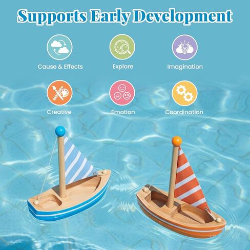 Wooden Bath Toys, 2 Pcs Sailboats for Kids, Pretend Play Motor Skills, Kids Bath Toy Floating Boat in Kuwait