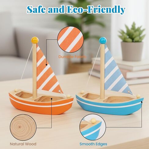 Wooden Bath Toys, 2 Pcs Sailboats for Kids, Pretend Play Motor Skills, Kids Bath Toy Floating Boat in Kuwait