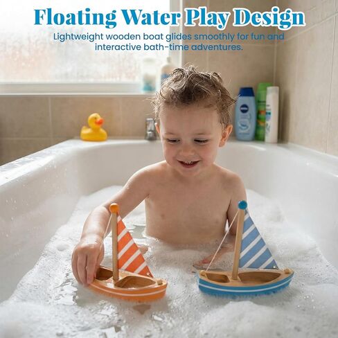 Wooden Bath Toys, 2 Pcs Sailboats for Kids, Pretend Play Motor Skills, Kids Bath Toy Floating Boat in Kuwait