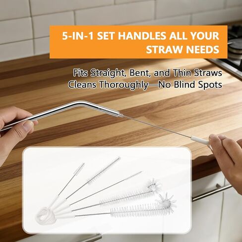Straw Cleaner Brush Set, 5 Pcs Multi-Size Flexible Cleaning Brushes with Holder Ring, Long Pipe Cleaners for Reusable Straws, Water Bottles, Tumblers and Sippy Cups, White in Kuwait
