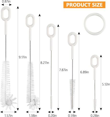 Straw Cleaner Brush Set, 5 Pcs Multi-Size Flexible Cleaning Brushes with Holder Ring, Long Pipe Cleaners for Reusable Straws, Water Bottles, Tumblers and Sippy Cups, White in Kuwait