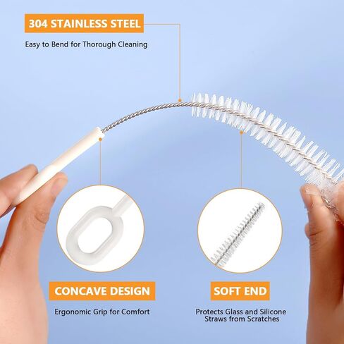 Straw Cleaner Brush Set, 5 Pcs Multi-Size Flexible Cleaning Brushes with Holder Ring, Long Pipe Cleaners for Reusable Straws, Water Bottles, Tumblers and Sippy Cups, White in Kuwait