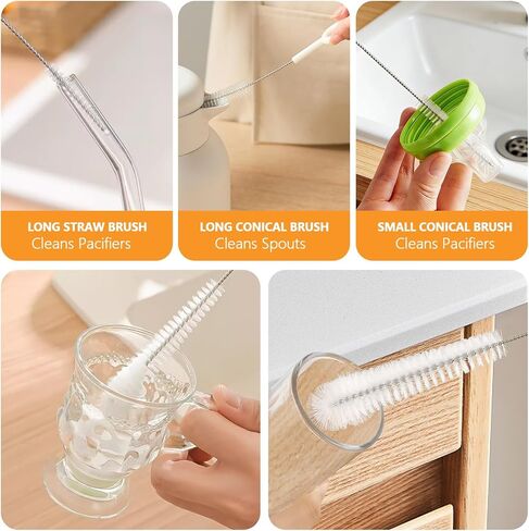 Straw Cleaner Brush Set, 5 Pcs Multi-Size Flexible Cleaning Brushes with Holder Ring, Long Pipe Cleaners for Reusable Straws, Water Bottles, Tumblers and Sippy Cups, White in Kuwait