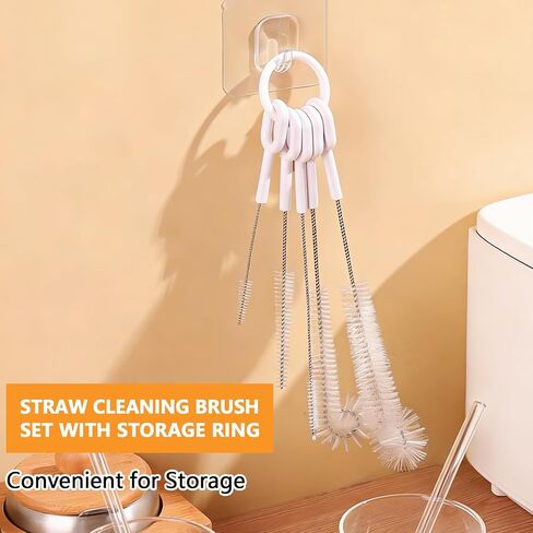 Straw Cleaner Brush Set, 5 Pcs Multi-Size Flexible Cleaning Brushes with Holder Ring, Long Pipe Cleaners for Reusable Straws, Water Bottles, Tumblers and Sippy Cups, White in Kuwait