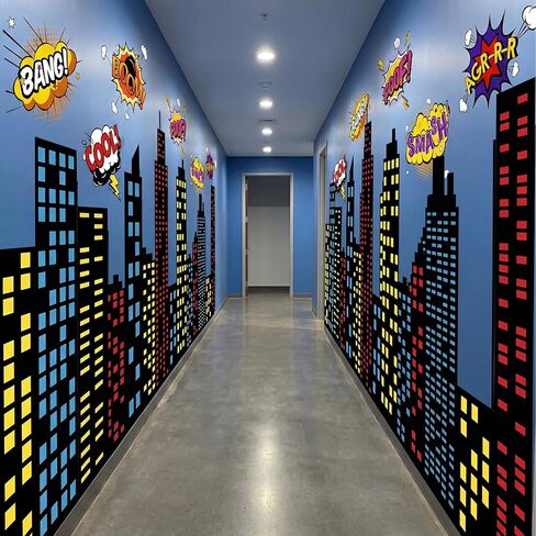 Breling Large Hero Theme City Skyline Wall Decals Art New York Skyline Skyscraper Hero Birthday Party Decorations for Backdrop Classroom Back to School Hallway Blackboard Photo(Multicolor,7 Pcs) in Saudi Arabia