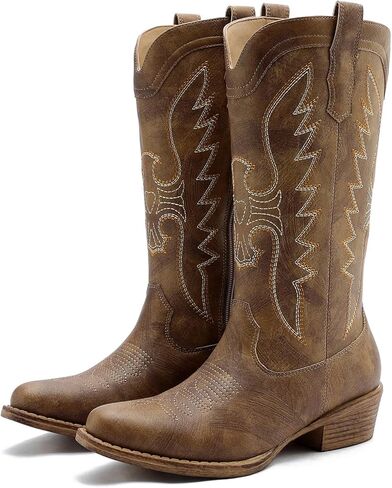 GLOBALWIN Women's Cowboy Boots Comfortable Brown Cowgirl Boots For Daily Wear, Work & Travel Square Toe Fall Boots With Low Heel And Easy Side Zipper Versatile Mid Calf Boots For Women in Kuwait