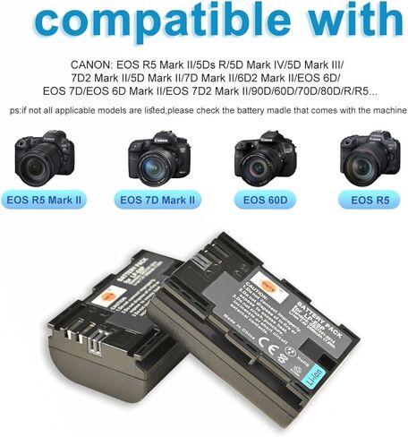 بطارية DSTE قطعتان LP-E6P + شاحن بطارية LCD مزدوج متوافق مع كاميرا Canon EOS R6III، R7، R6II، R6، R5 Mark II، 60Da، 70D، 80D، 90D، 7D Mark II، 7D Mark III، XC10، XC15 in Kuwait