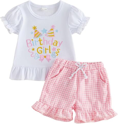 FYBITBO Toddler Baby Girl Summer Clothes 1st 2nd 3rd 4th Birthday Outfit Ruffle Short Sleeve Shirt Gingham Shorts Set in Kuwait