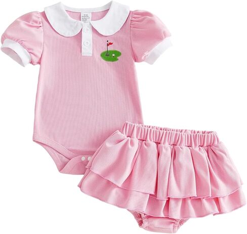 Honganda Infant Baby Girl Golf Outfit Short Sleeve Doll Collar Embroidery Romper with Ruffle Cake Smash Shorts Summer Set in Saudi Arabia