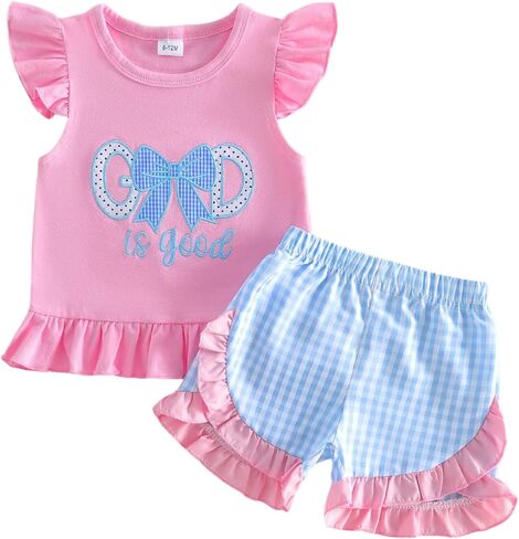 Sasaerucure Toddler Girl Clothes Starfish Shell Embroidery Ruffle Short Sleeve Shirt Top and Plaid Short Summer Outfit in Saudi Arabia