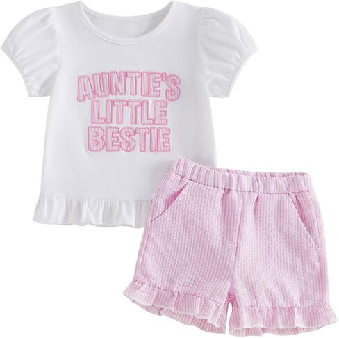 Aunties Little Bestie Baby Outfit Toddler Girl 2Pcs Summer Clothes Short Sleeve Shirt and Seersucker Stripe Shorts Set in Kuwait