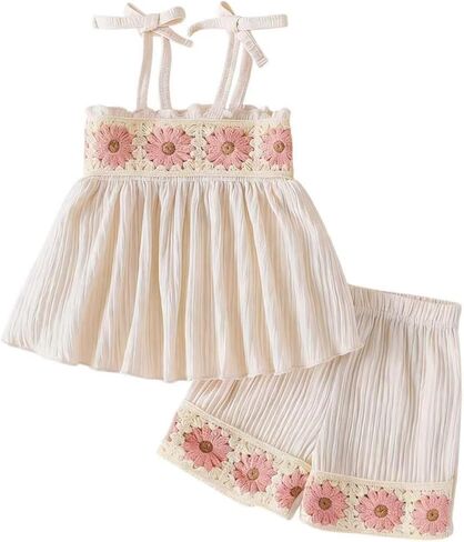 Boho Toddler Baby Girl 2Pcs Summer Clothes Crochet Floral Cotton Spaghetti Strap Tank Top & Shorts Set 6M-4Y in Kuwait
