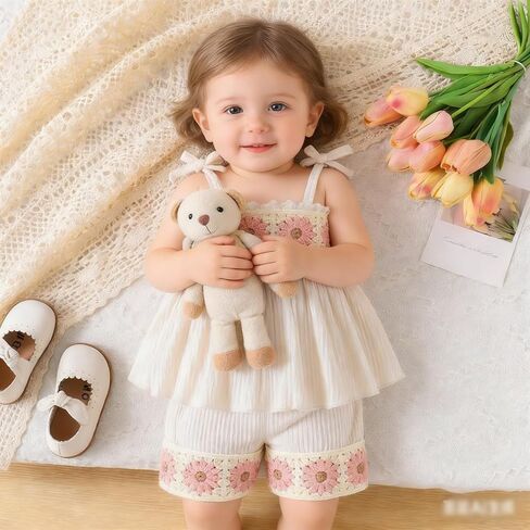 Boho Toddler Baby Girl 2Pcs Summer Clothes Crochet Floral Cotton Spaghetti Strap Tank Top & Shorts Set 6M-4Y in Kuwait