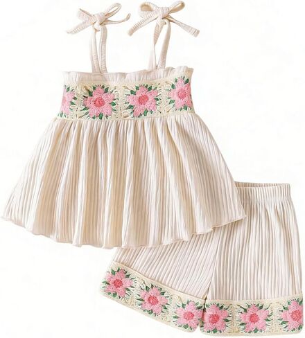 Boho Toddler Baby Girl 2Pcs Summer Clothes Crochet Floral Cotton Spaghetti Strap Tank Top & Shorts Set 6M-4Y in Kuwait