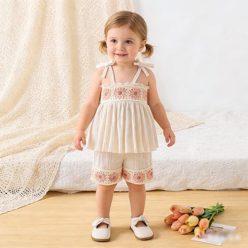 Boho Toddler Baby Girl 2Pcs Summer Clothes Crochet Floral Cotton Spaghetti Strap Tank Top & Shorts Set 6M-4Y in Kuwait