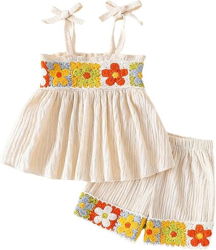 Boho Toddler Baby Girl 2Pcs Summer Clothes Crochet Floral Cotton Spaghetti Strap Tank Top & Shorts Set 6M-4Y in Kuwait