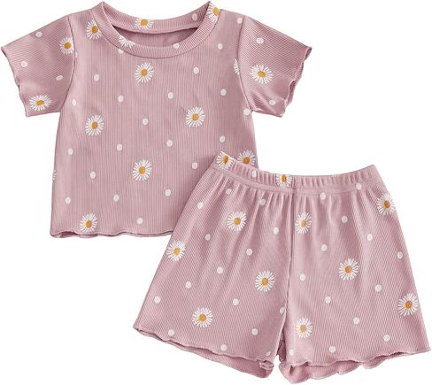 Hnyenmcko Toddler Baby Girl Summer Outfits Polka Dot Print Ribbed Knit Short Sleeves T-Shirt Tops + Shorts 2Pcs Clothes Set in Kuwait