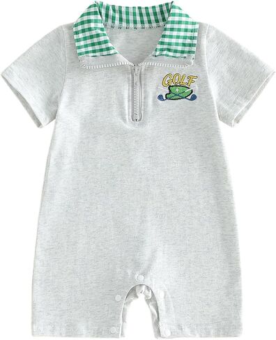 Sasaerucure Newborn Baby Boy Summer Clothes Golf Cart Plaid Collared Short Sleeve Romper Jumpsuit One Piece Outfit in Kuwait