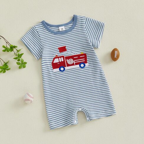 Newborn Baby Boy Summer Outfit Fire Truck Romper Short Sleeve Waffle Striped Jumpsuit One Piece Firefighter Clothes in Saudi Arabia