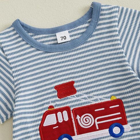 Newborn Baby Boy Summer Outfit Fire Truck Romper Short Sleeve Waffle Striped Jumpsuit One Piece Firefighter Clothes in Saudi Arabia