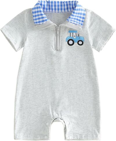 Sasaerucure Newborn Baby Boy Summer Clothes Golf Cart Plaid Collared Short Sleeve Romper Jumpsuit One Piece Outfit in Saudi Arabia