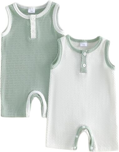 Sasaerucure Newborn Baby Boy Coming Home Clothes Waffled Button Up Sleeveless Romper Jumpsuit Two Pack Outfit Summer in Saudi Arabia