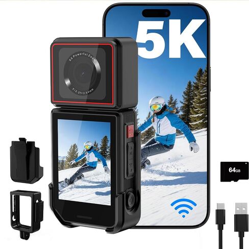 5K Action Camera with 180° Rotation 6-Axis EIS Touch Screen Body Cam | WiFi App Preview & Transfer, Remote Control, 25P Photos, 64GB Card, 135° Wide-Angle, for Cycling Running Motorcycle Hiking in Saudi Arabia