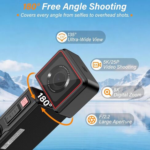 5K Action Camera with 180° Rotation 6-Axis EIS Touch Screen Body Cam | WiFi App Preview & Transfer, Remote Control, 25P Photos, 64GB Card, 135° Wide-Angle, for Cycling Running Motorcycle Hiking in Saudi Arabia