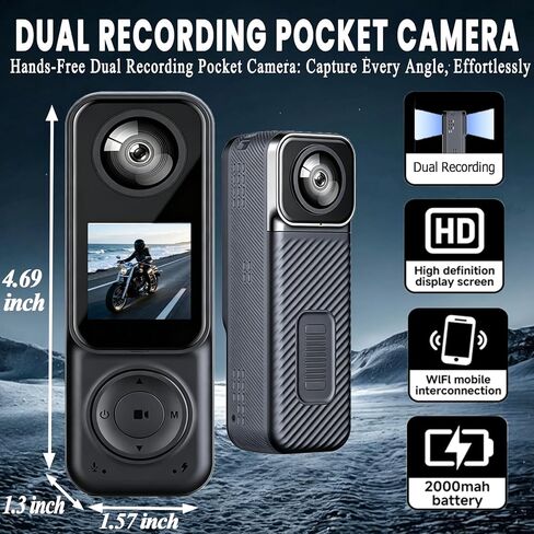 كاميرا الجيب 4K بمخرج 64 جيجابايت، كاميرات الجسم واي فاي مع تسجيل الصوت والفيديو، عدسة مزدوجة وبطارية 7 ساعات (رمادي جيت) in Kuwait