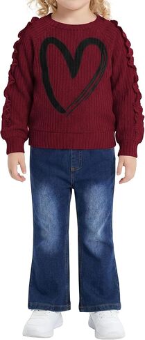 VOGRYE Toddler Girl Outfit Set - Ruffle Heart Sweatshirt Wide Leg Jeans Soft Cotton 2-Piece for 12M-5T in Saudi Arabia