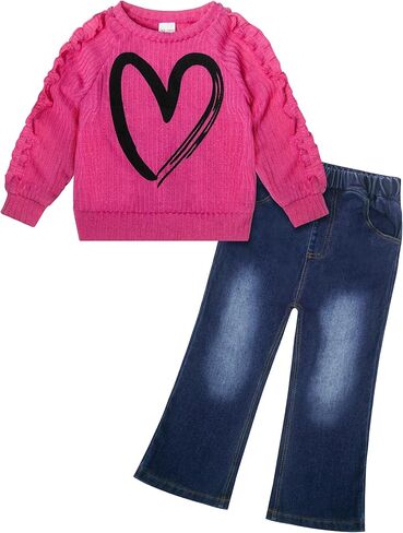 VOGRYE Toddler Girl Outfit Set - Ruffle Heart Sweatshirt Wide Leg Jeans Soft Cotton 2-Piece for 12M-5T in Saudi Arabia