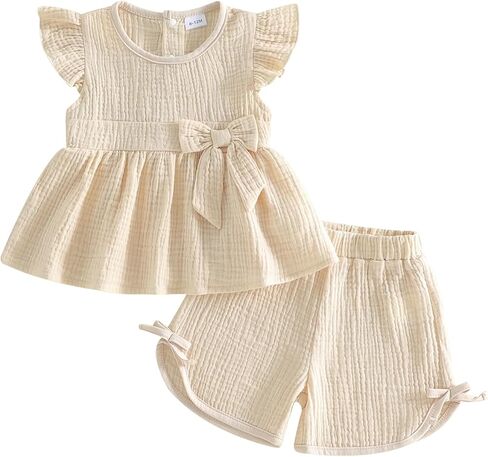 Toddler Baby Girl Summer Clothes Fly Sleeve Solid Color Tops and Shorts Sets 2 Piece Infant Outfits in Kuwait