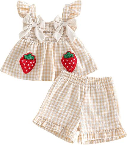 Thopavenoir Toddler Baby Girl Summer Outfit Strawberry Embroidered Bow Plaid Fly Sleeeve Shirt Dress Ruffle Hem Shorts Set in Kuwait