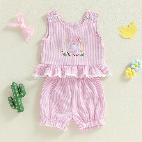 Toddler Baby Girl Summer Clothes Silly Goose Embroidery Ruffle Tank Tops Stripe Shorts 2Pcs Set Farm Goose Outfit in Saudi Arabia