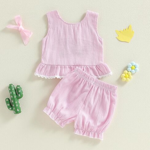 Toddler Baby Girl Summer Clothes Silly Goose Embroidery Ruffle Tank Tops Stripe Shorts 2Pcs Set Farm Goose Outfit in Saudi Arabia