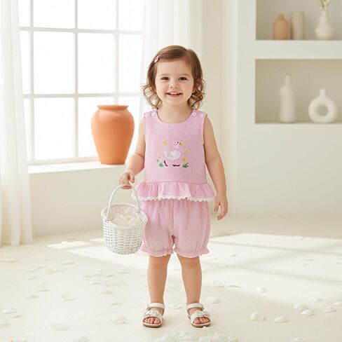 Toddler Baby Girl Summer Clothes Silly Goose Embroidery Ruffle Tank Tops Stripe Shorts 2Pcs Set Farm Goose Outfit in Saudi Arabia
