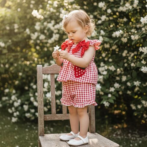 Toddler Girl 4th of July Outfits Strawberry Gingham Shorts Set Red White Bows Summer Clothes 2Pcs in Saudi Arabia