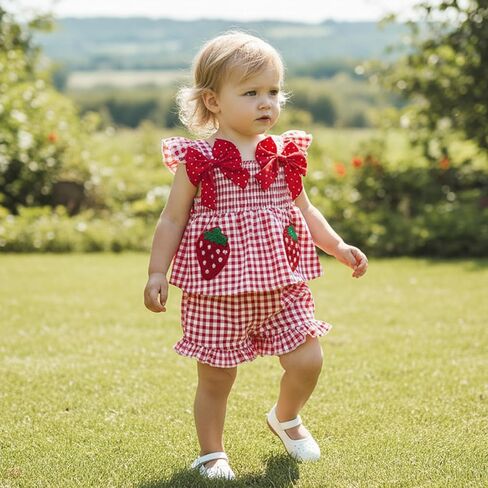 Toddler Girl 4th of July Outfits Strawberry Gingham Shorts Set Red White Bows Summer Clothes 2Pcs in Saudi Arabia