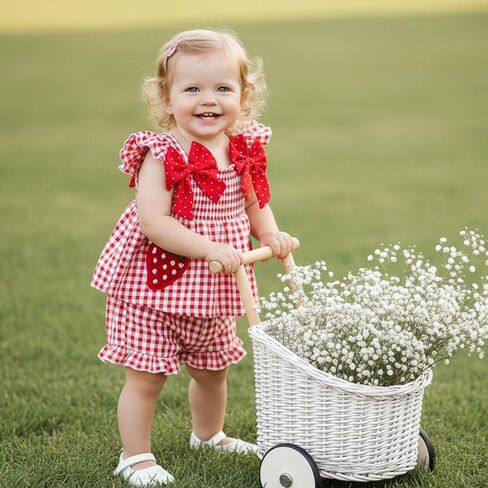 Toddler Girl 4th of July Outfits Strawberry Gingham Shorts Set Red White Bows Summer Clothes 2Pcs in Saudi Arabia