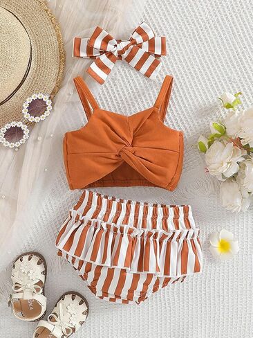 Baby Girl Summer Outfit Cami Top Striped Ruffle Bloomers Headband Set 3Pcs Twist Knot Beach Infant Clothes in Kuwait