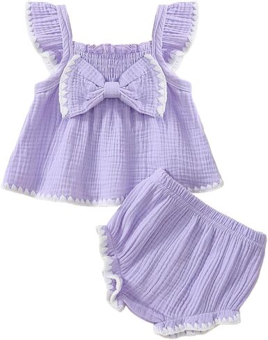 Baby Girl Summer Clothes Infant Tops Dress Shorts Outfits Set | Toddler Shrit Bloomers, Cute Princess Outfit, Bow Design, Ruffle Sleeveless, Lace Trim, Soft and Lightweight in Saudi Arabia