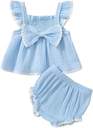 Baby Girl Summer Clothes Infant Tops Dress Shorts Outfits Set | Toddler Shrit Bloomers, Cute Princess Outfit, Bow Design, Ruffle Sleeveless, Lace Trim, Soft and Lightweight in Saudi Arabia