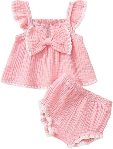 Baby Girl Summer Clothes Infant Tops Dress Shorts Outfits Set | Toddler Shrit Bloomers, Cute Princess Outfit, Bow Design, Ruffle Sleeveless, Lace Trim, Soft and Lightweight in Saudi Arabia