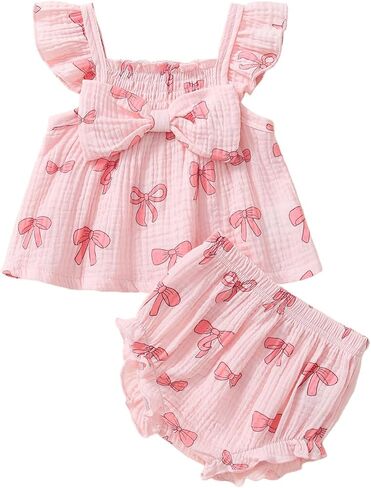 Baby Girl Summer Clothes Infant Tops Dress Shorts Outfits Set | Toddler Shrit Bloomers, Cute Princess Outfit, Bow Design, Ruffle Sleeveless, Lace Trim, Soft and Lightweight in Saudi Arabia