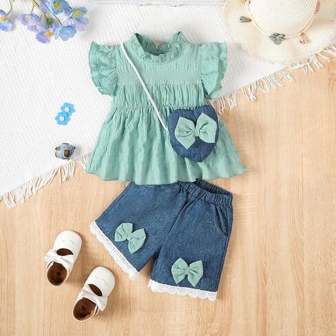Toddler Girls Short Set: Ruffle Flutter Sleeve Top, Faux Denim Shorts, 3D Bow, Soft Breathable, Elastic Waist in Kuwait