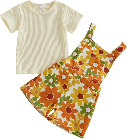 Nyapruwe Toddler Girls Summer Outfit Short Sleeve Ribbed T-Shirt and Bib Suspender Overalls Shorts Set Kid 2Pcs Clothes in Saudi Arabia